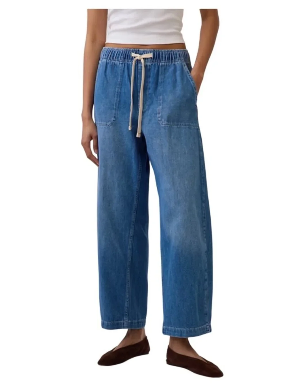 Gap The easy barrel patch pocket Jeans indigo XS Petite Denim Drawstring Wide-Le - Picture 1 of 11